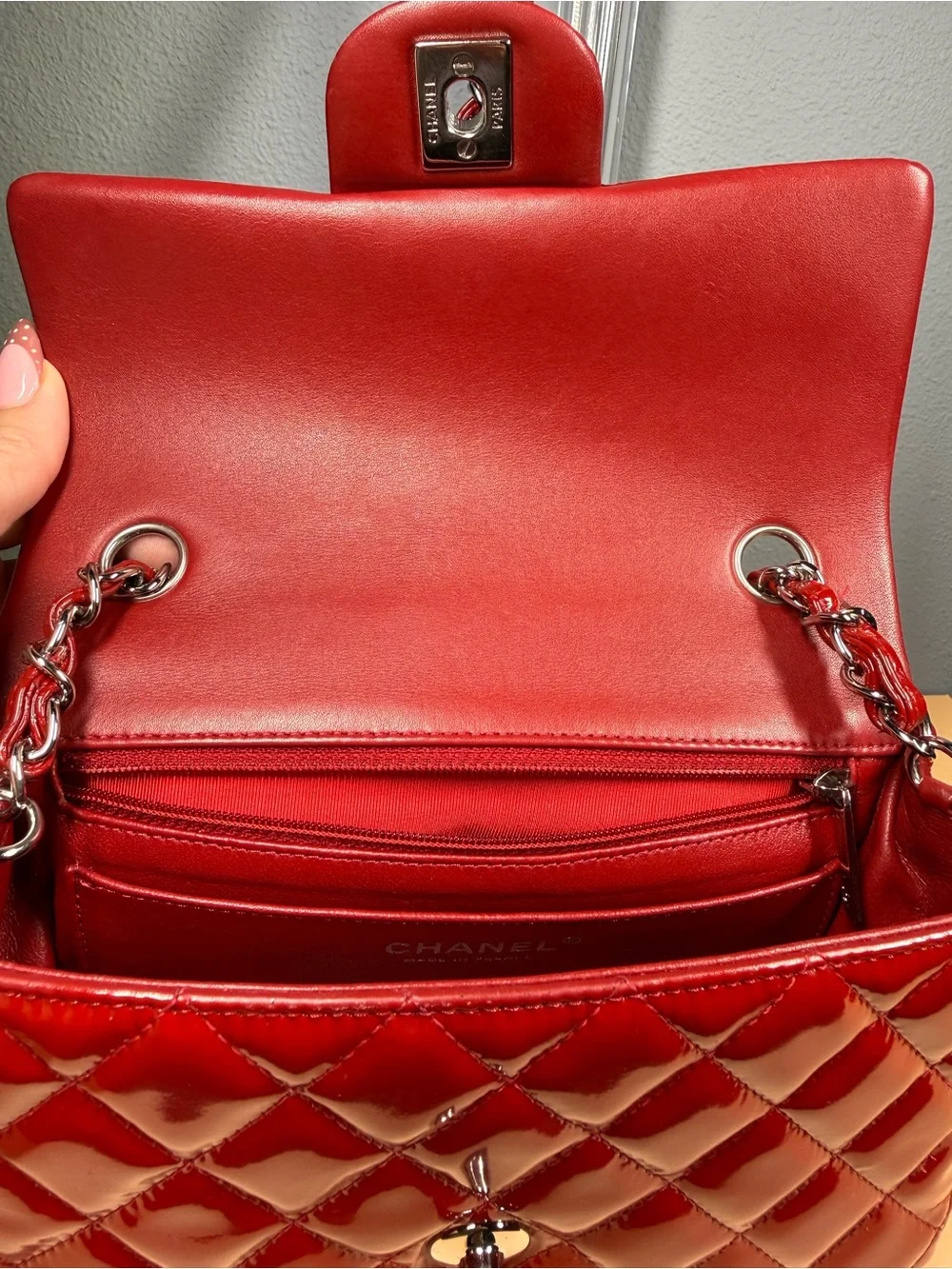Chanel Red Quilted Patent Leather Classic Rectangular Mini Flap Bag